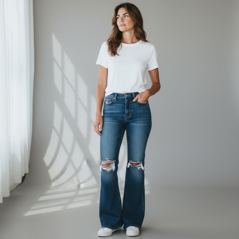 Bob Jeans Distressed Flare Jeans High Rise Dark Wash 13/14 Boho